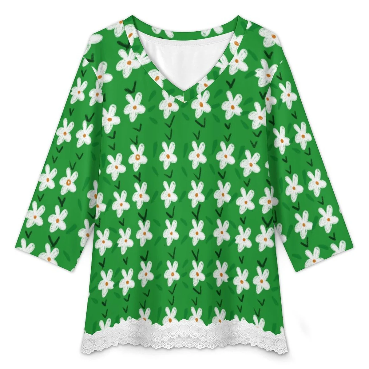Women's Lace Hem V-Neck Three-Quarter Sleeve Top - White Blossom on Green Graphic - view 3