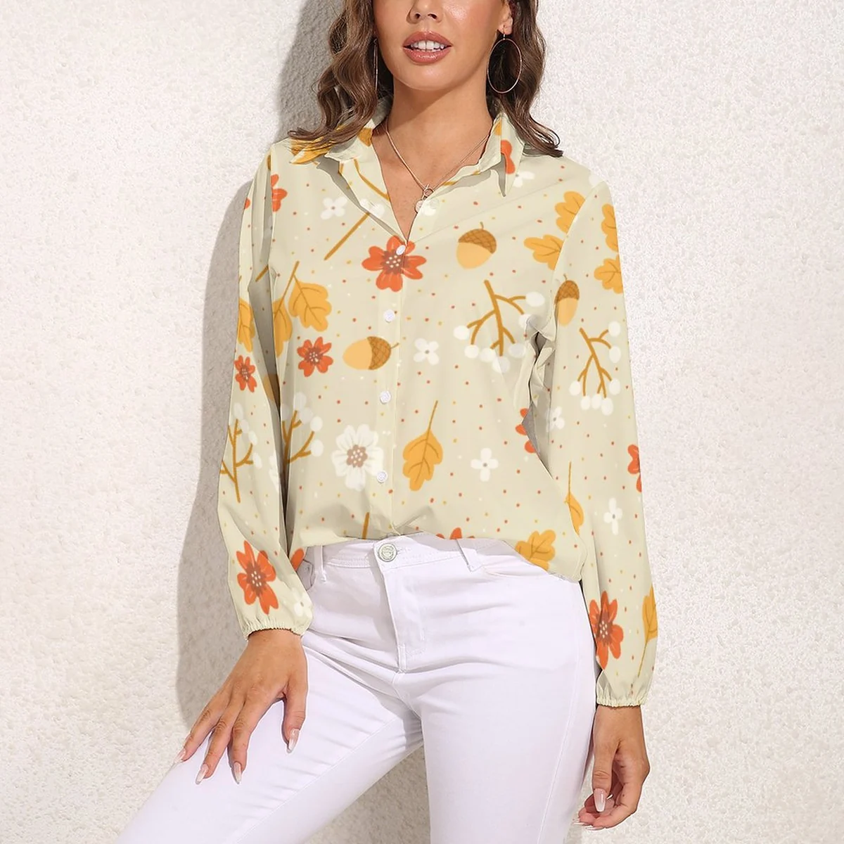 Women's Relaxed Long Sleeve Button-Down Shirt - Autumn Leaf and Acorn Graphic - view 3