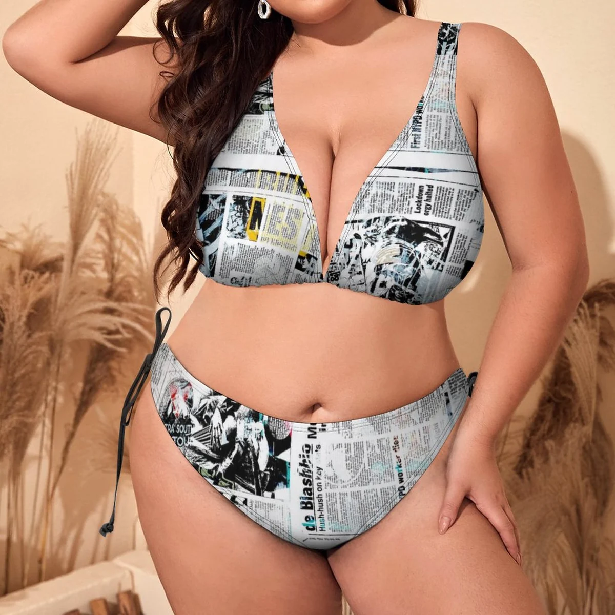 Women's Plus Size Halter Triangle Bikini Set - Vintage Newspaper Print - view 2