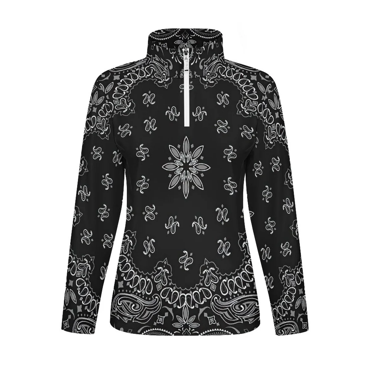 Women's Quarter Zip Long Sleeve Athletic Pullover - Black Bandana Paisley Print - view 4
