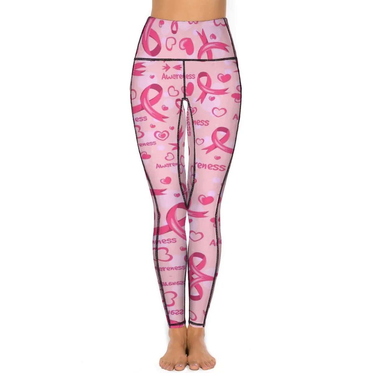 Women's High-Waist Pocket Yoga Leggings - Pink Ribbon Heart Print - view 2