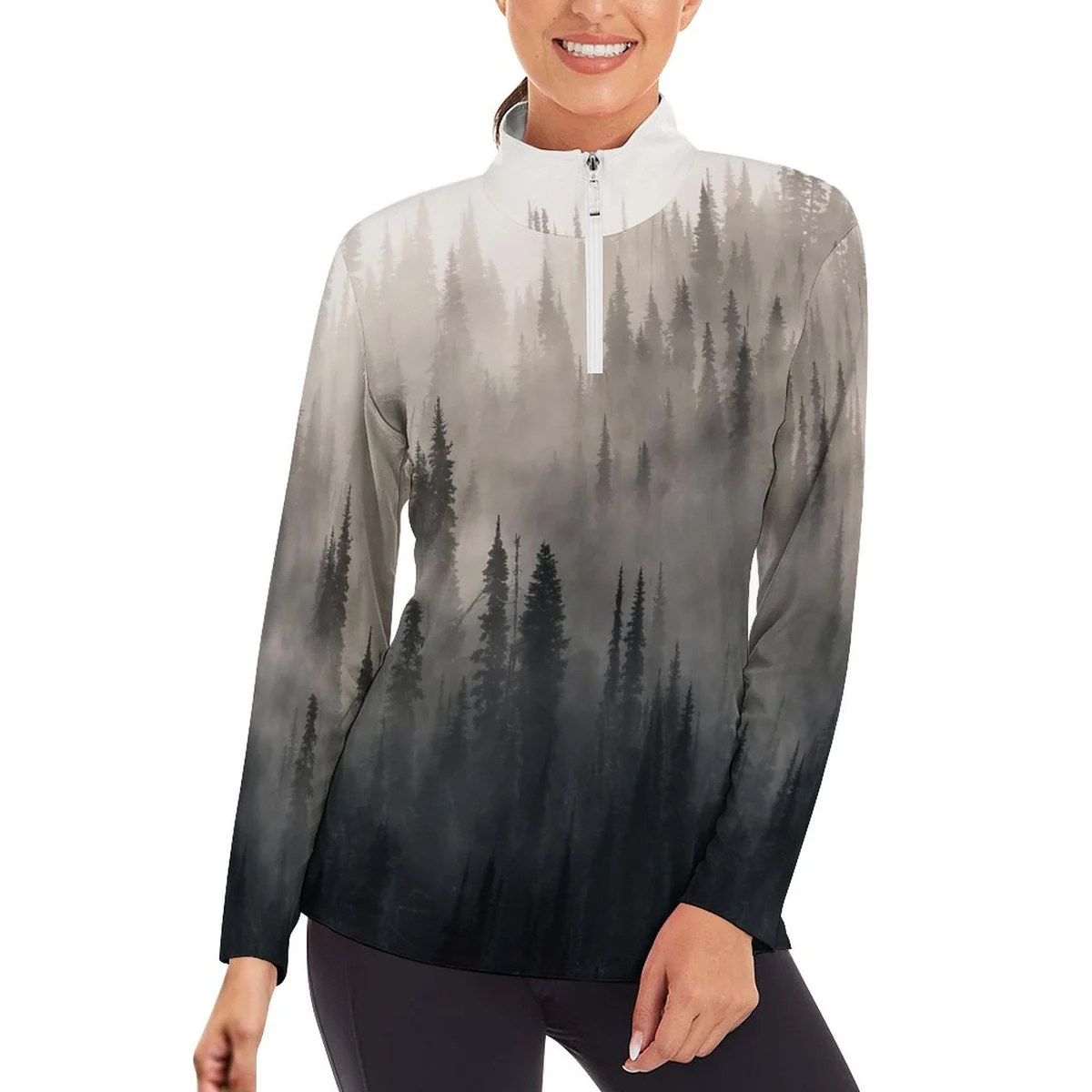 Women's Quarter Zip Long Sleeve Athletic Pullover - Misty Pine Forest Print