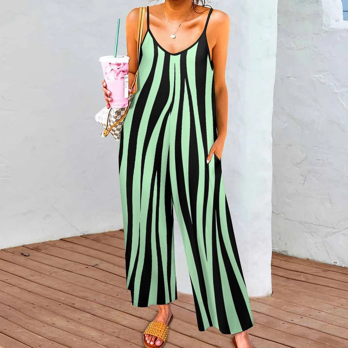 Women's Wide Leg Cami Jumpsuit - Wavy Stripe Print - view 2