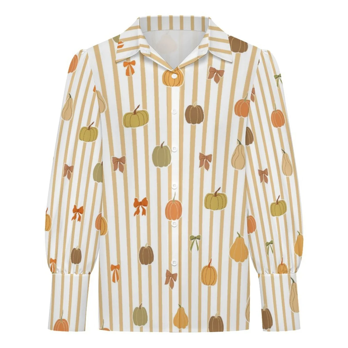 Women's Lantern Sleeve Button-Down Shirt - Pumpkin Stripe Print - view 4