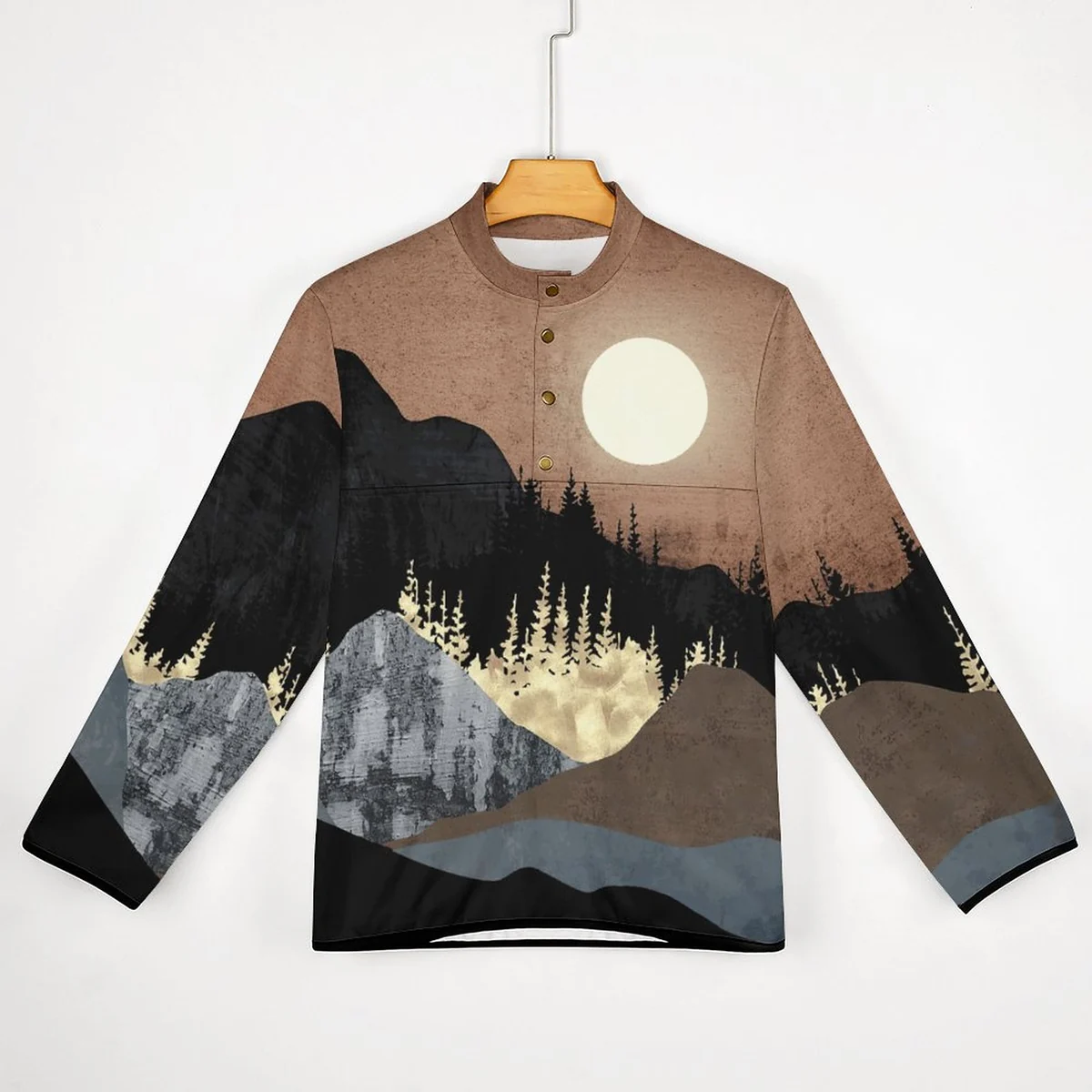 Unisex Henley Collar Sweatshirt - Moonlit Mountain Print - view 4