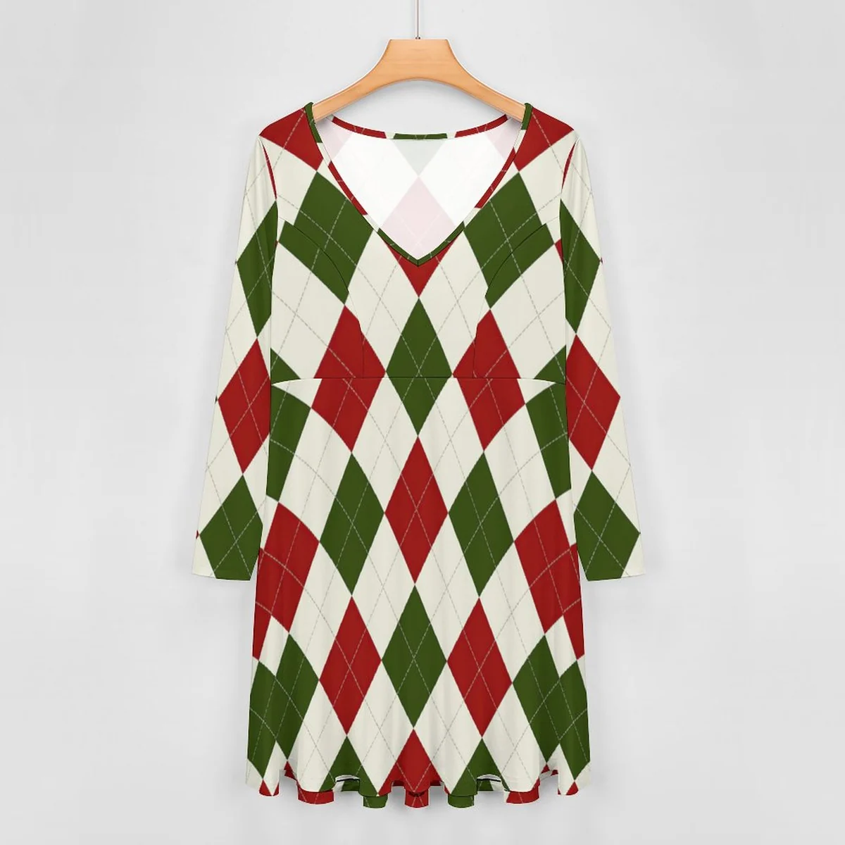 Women's Plus Size V-Neck Long Sleeve Swing Dress - Holiday Argyle Print - view 4