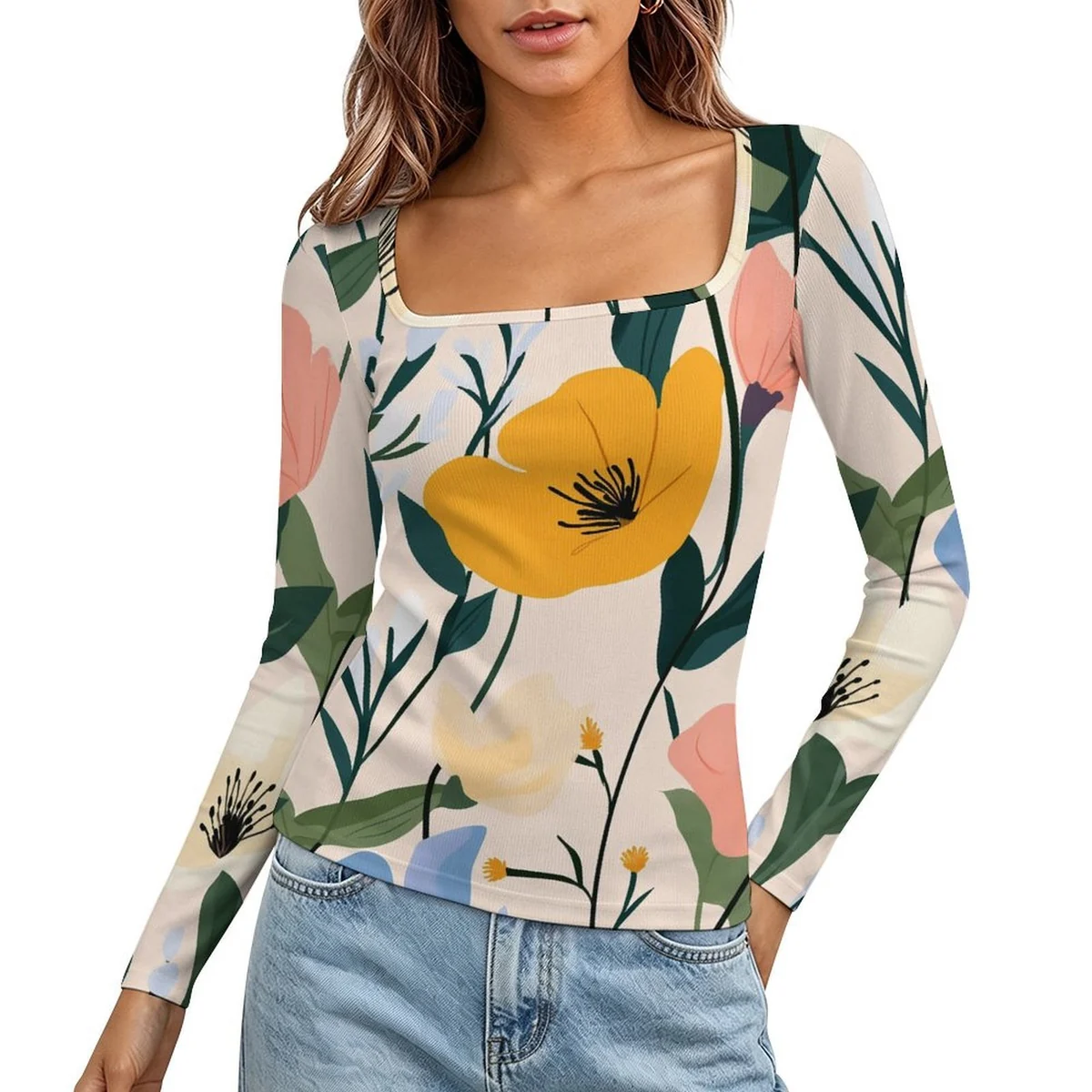 Women's Square-Neck Ribbed Long Sleeve Top - Modern Poppy Print