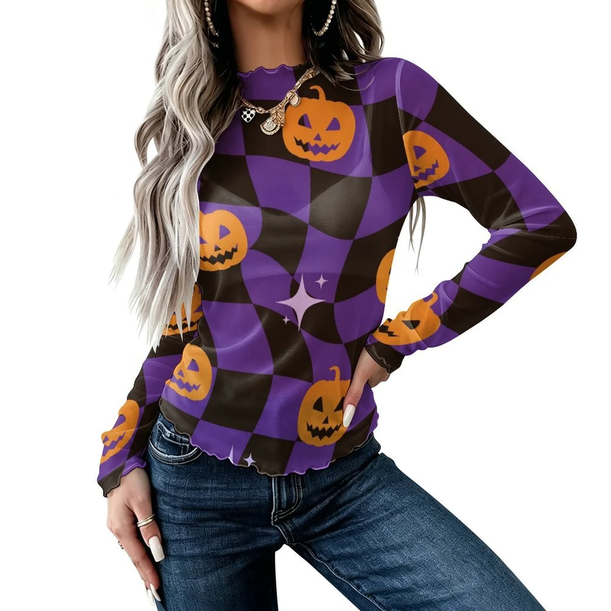Women's High Neck Long Sleeve Mesh Top - Checkered Jack-O-Lantern Print