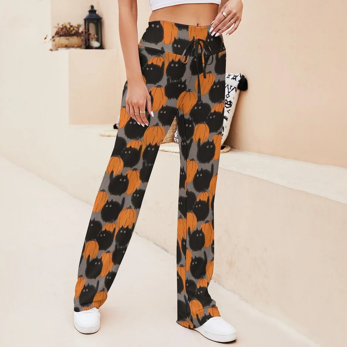 Women's Drawstring Straight Wide Leg Pants - Black Cat Crowd Print - view 4