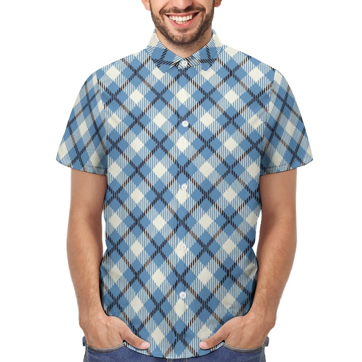 Unisex Short Sleeve Button-Up Shirt - Blue Plaid Print