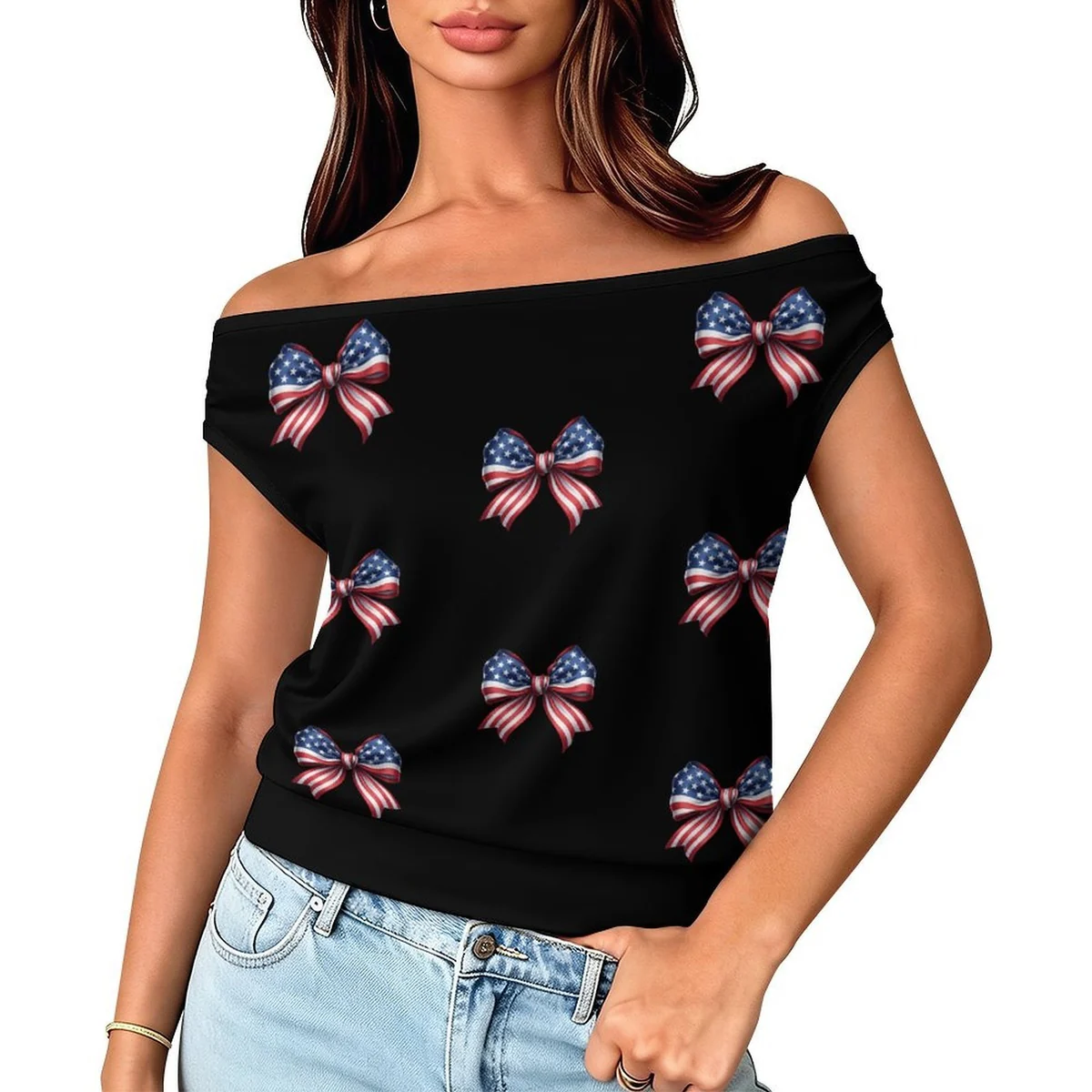 Women's One-Shoulder Cap Sleeve Tee - Patriotic Bow Print
