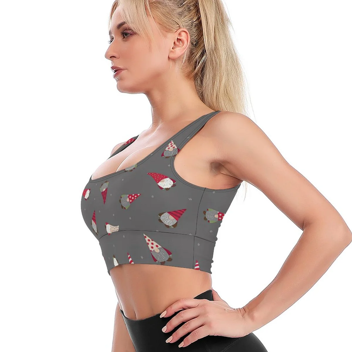 Women's Scoop-Neck Longline Yoga Crop Top - Christmas Gnome Print - view 3