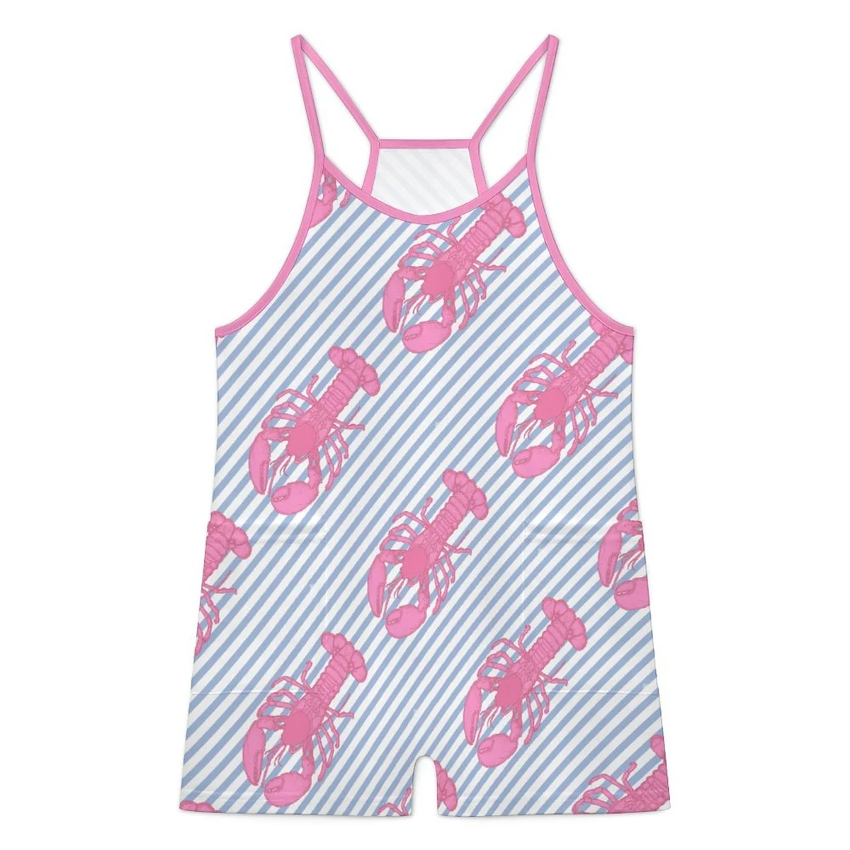 Women's Cami Romper with Pockets - Pink Lobster Stripe Print - view 3