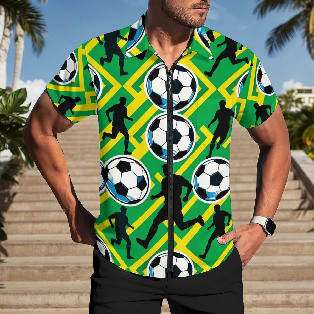 Unisex Short Sleeve Button-Up Camp Shirt - Soccer Player Stripe Print - view 2