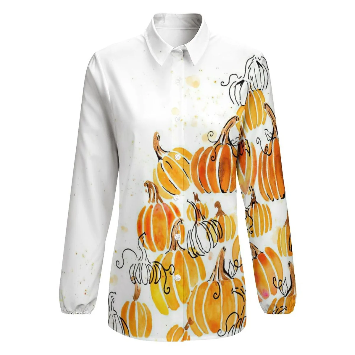 Women's Relaxed Long Sleeve Button-Down Shirt - Watercolor Pumpkin Print - view 4