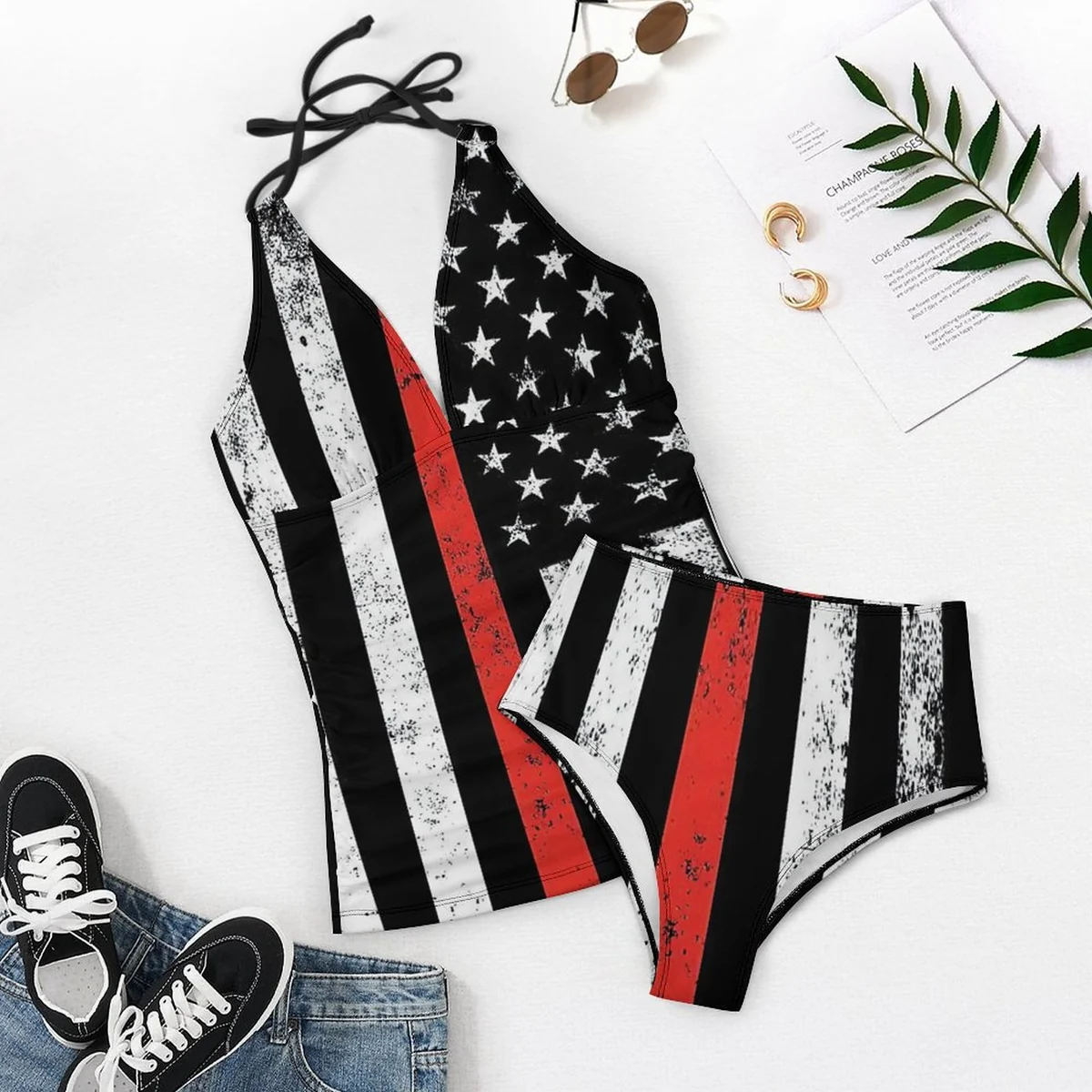 Women's Plunge Halter One-Piece Swimsuit - Thin Red Line Flag Graphic - view 3