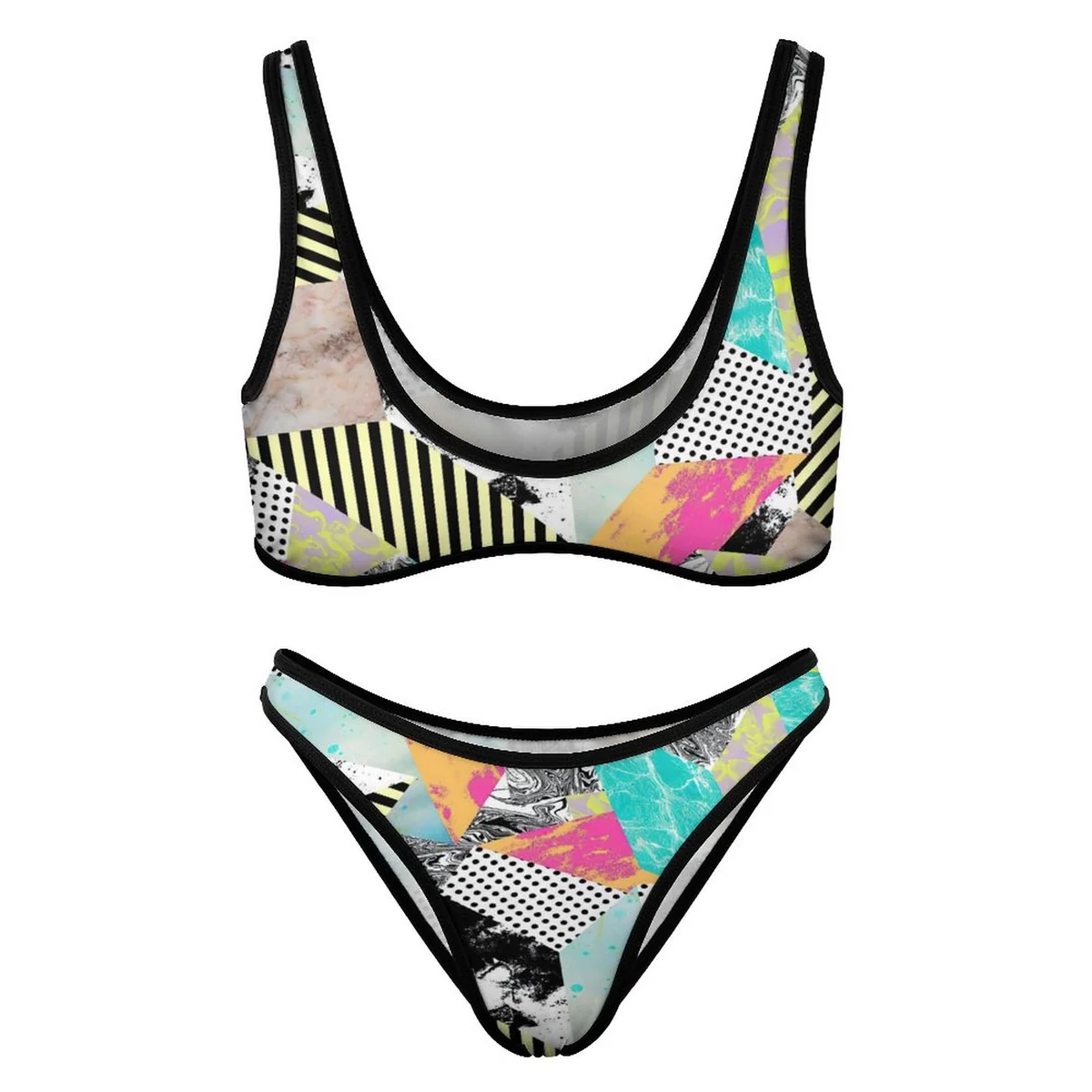 Women's Contrast Trim Sporty Bikini Set - Pop Art Collage Print - view 4