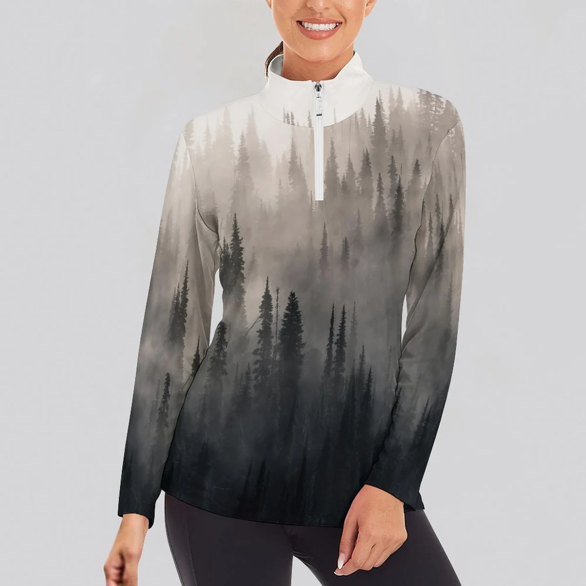 Women's Quarter Zip Long Sleeve Athletic Pullover - Misty Pine Forest Print - view 2