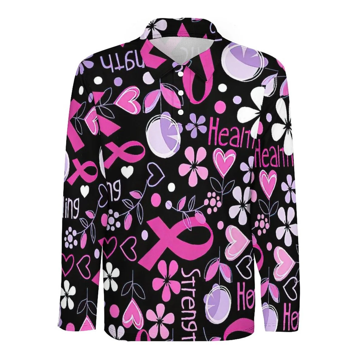 Men's Long Sleeve Polo Shirt - Pink Ribbon Strength Print - view 4