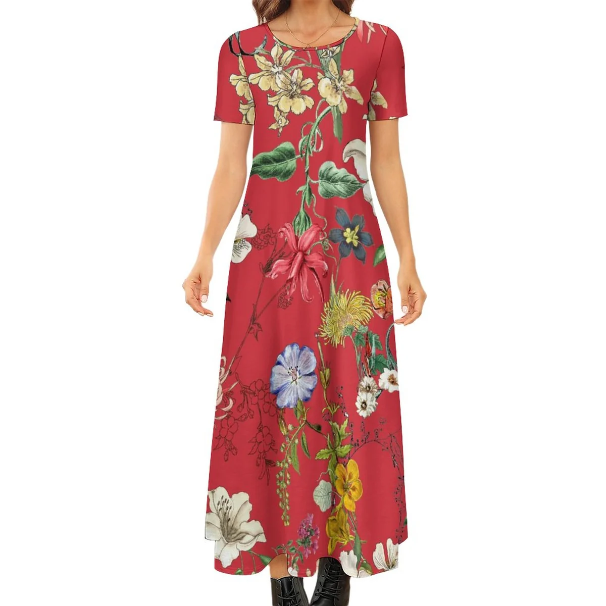 Women's Crew Neck Short Sleeve Maxi T-Shirt Dress - Vintage Wildflower Print