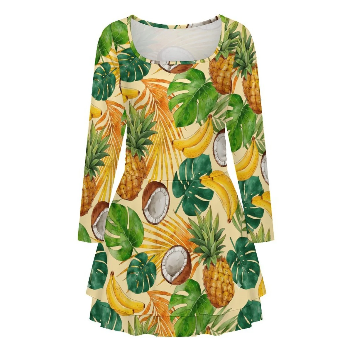 Women's Square-Neck Flare Long Sleeve Mini Dress - Tropical Fruit Leaf Print - view 4