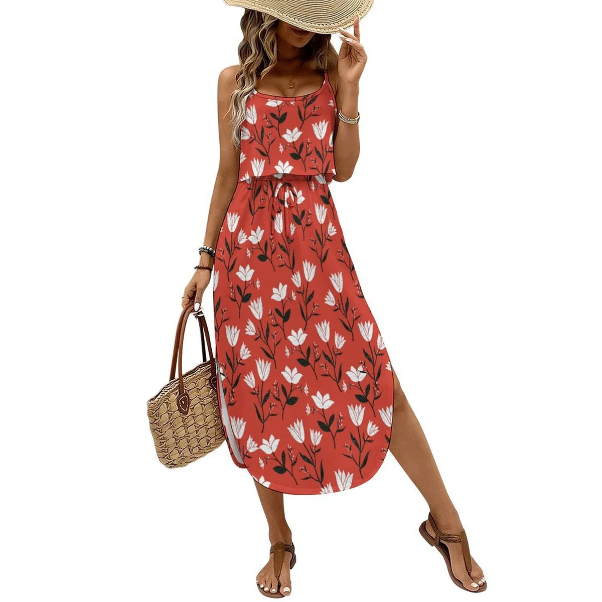 Women's Side Slit Cami Maxi Dress - Tulip Silhouette Print