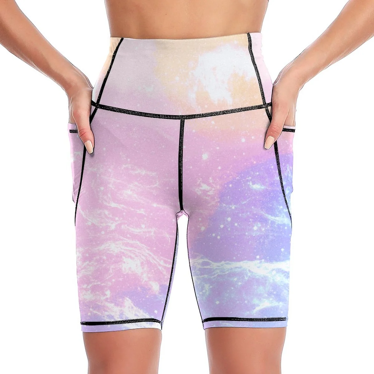 Women's High-Waist Bike Shorts with Pockets - Pastel Galaxy Print