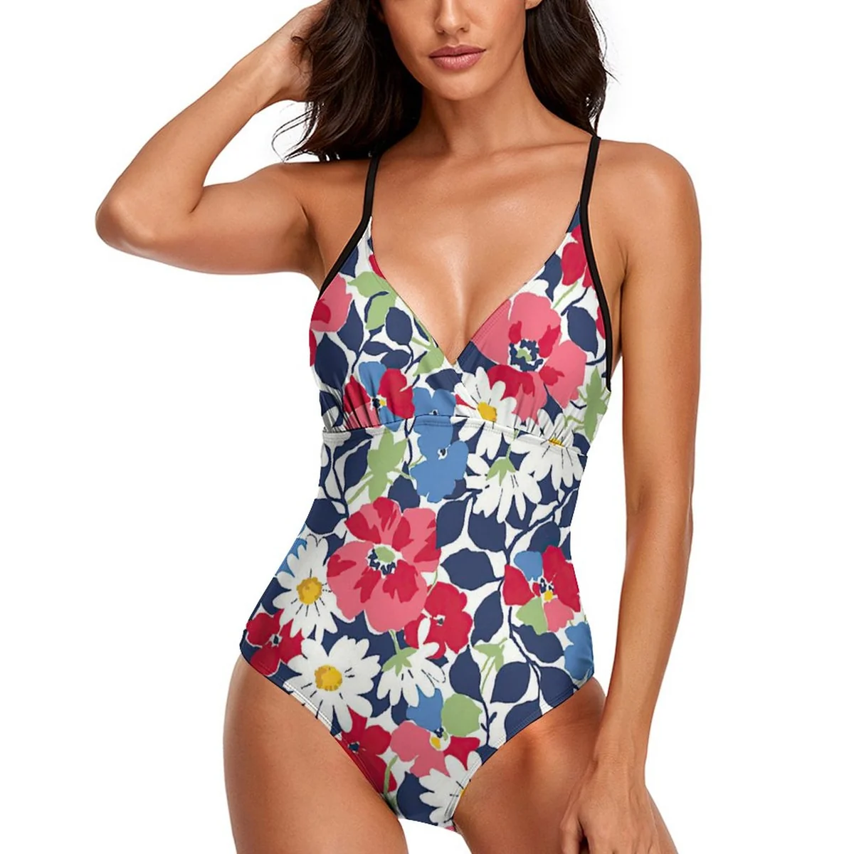 Women's V-Neck Adjustable Strap One-Piece Swimsuit - Daisy and Poppy Floral Graphic