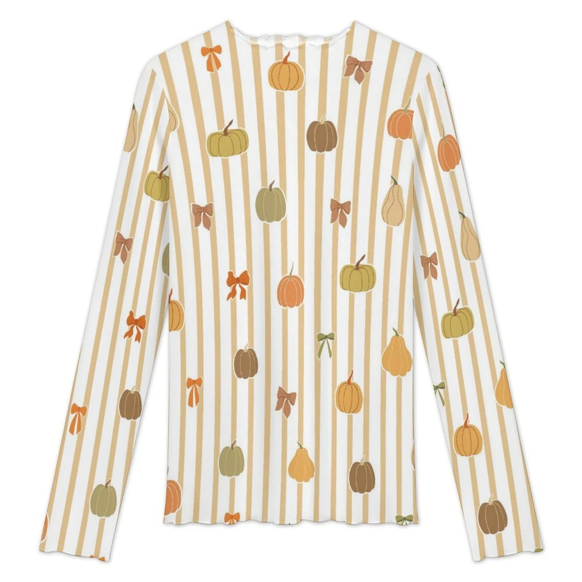 Women's High Neck Long Sleeve Mesh Top - Pumpkin Stripe Print - view 5