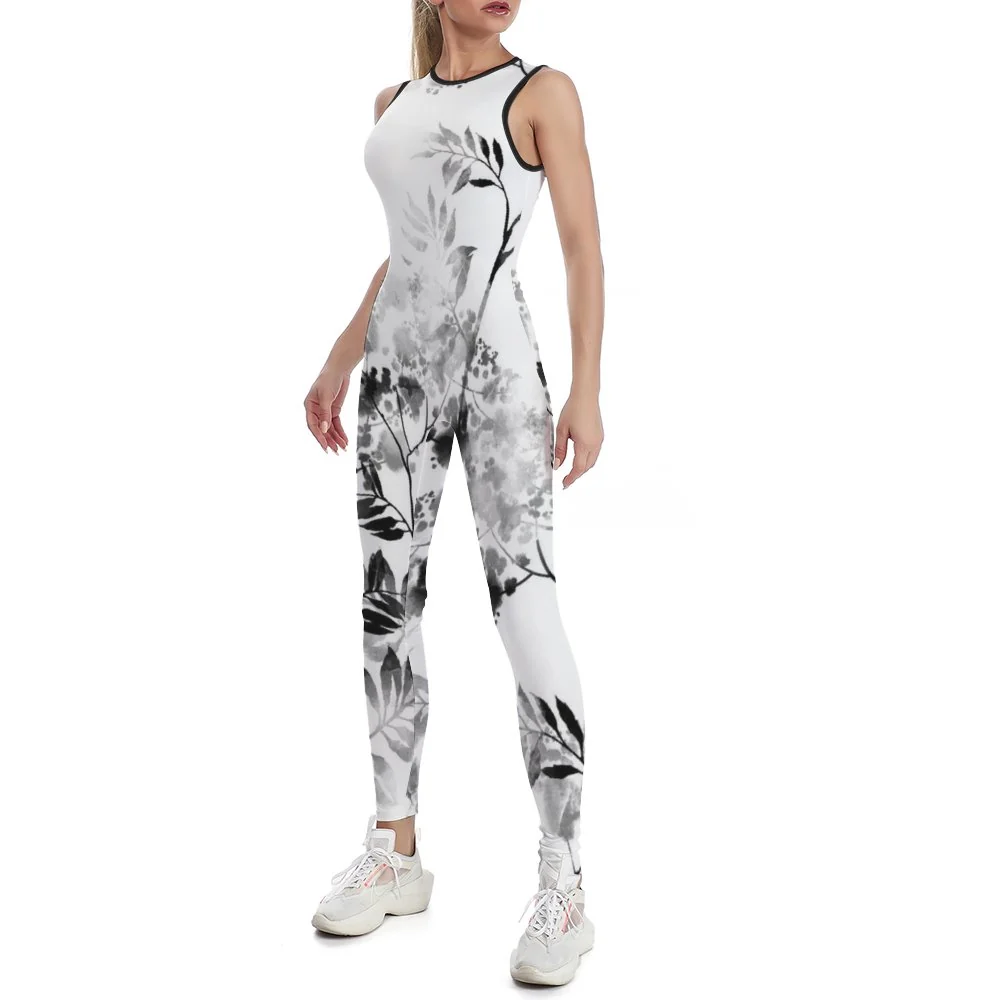 Women's Sleeveless Full-Length Yoga Jumpsuit - Ink Wash Botanical Print - view 2