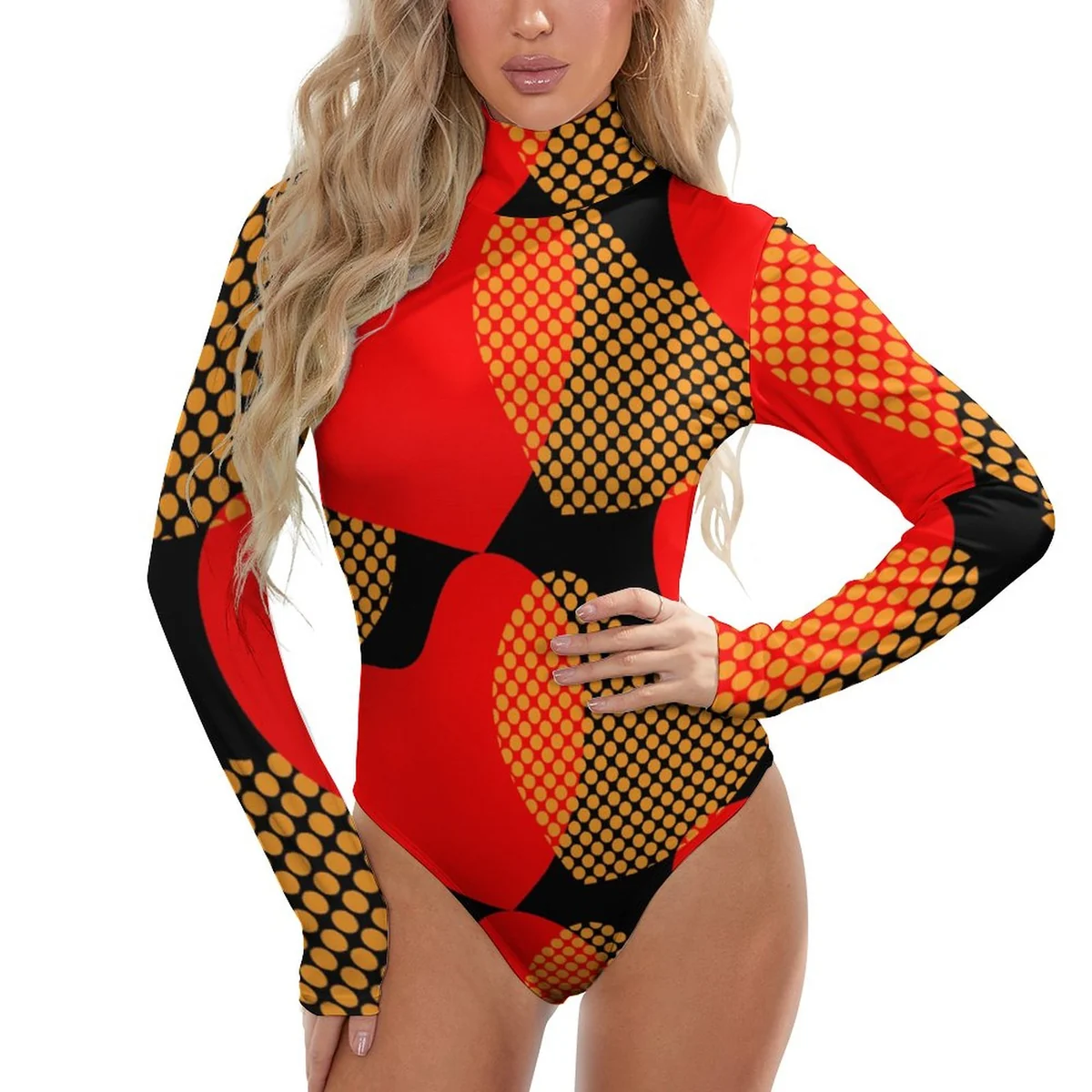 Women's Mock Neck Long Sleeve Bodysuit - Retro Dot Grid Colorblock Graphic - view 6