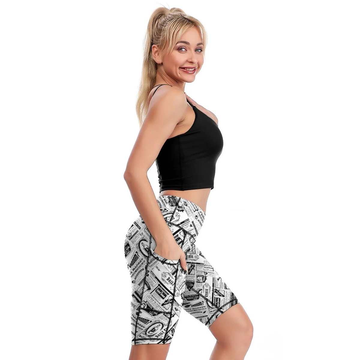 Women's High-Waist Bike Shorts with Pocket - Newsprint Collage Print - view 2
