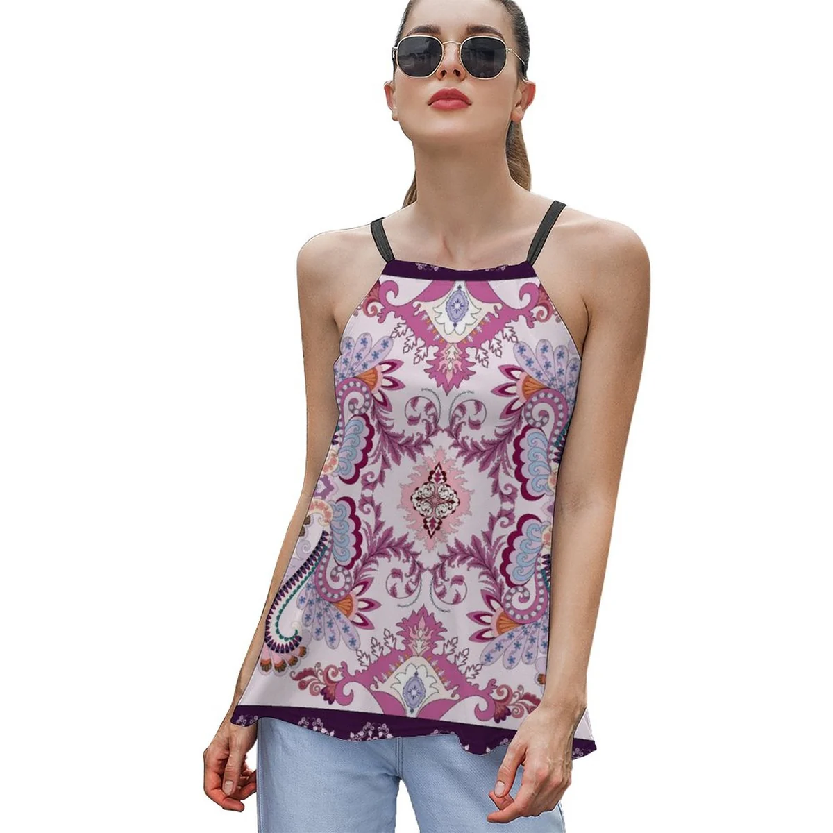 Women's Halter Tie-Back Swing Tank Top - Ornamental Paisley Print