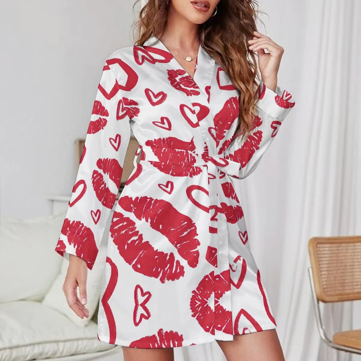 Women's Long Sleeve Belted Robe - Red Lips and Hearts Graphic - view 3