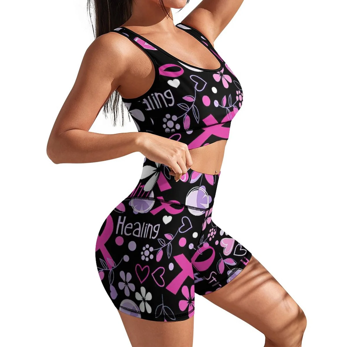 Women's Racerback Sports Bra and Bike Shorts Set - Pink Ribbon Healing Print - view 3