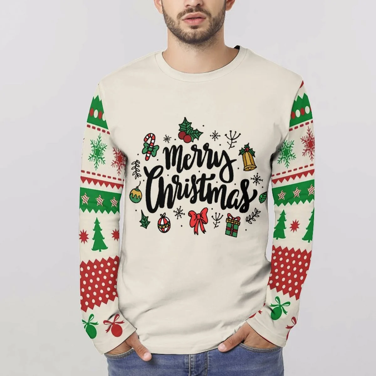 Unisex Crew Neck Long Sleeve Tee - Merry Christmas Sweater Print - view 2
