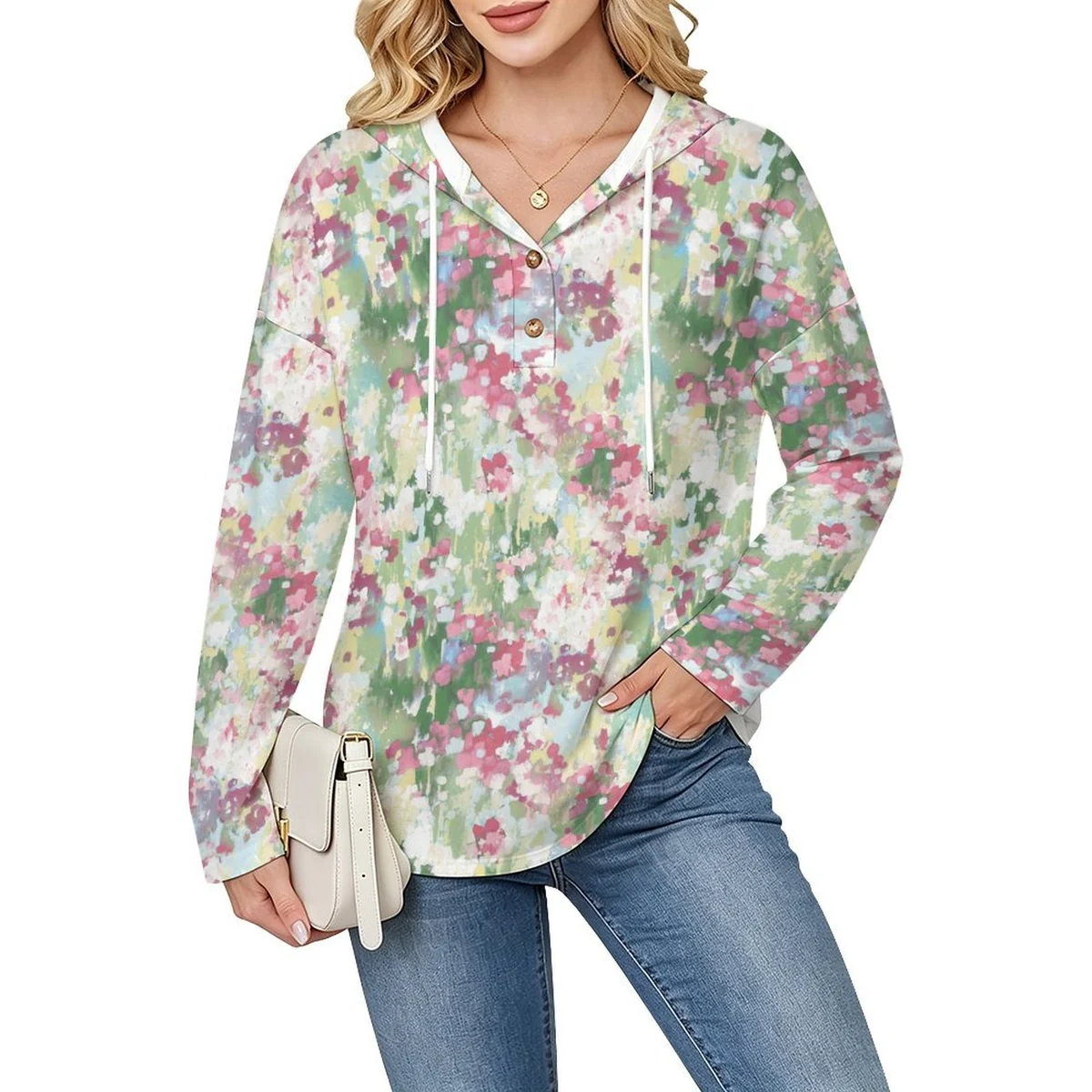 Women's V-Neck Button Hooded Pullover - Spring Blossom Field Print