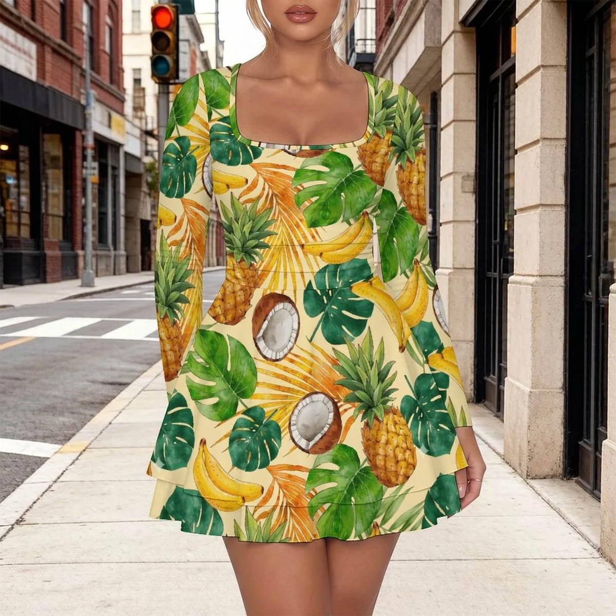 Women's Square-Neck Flare Long Sleeve Mini Dress - Tropical Fruit Leaf Print - view 2