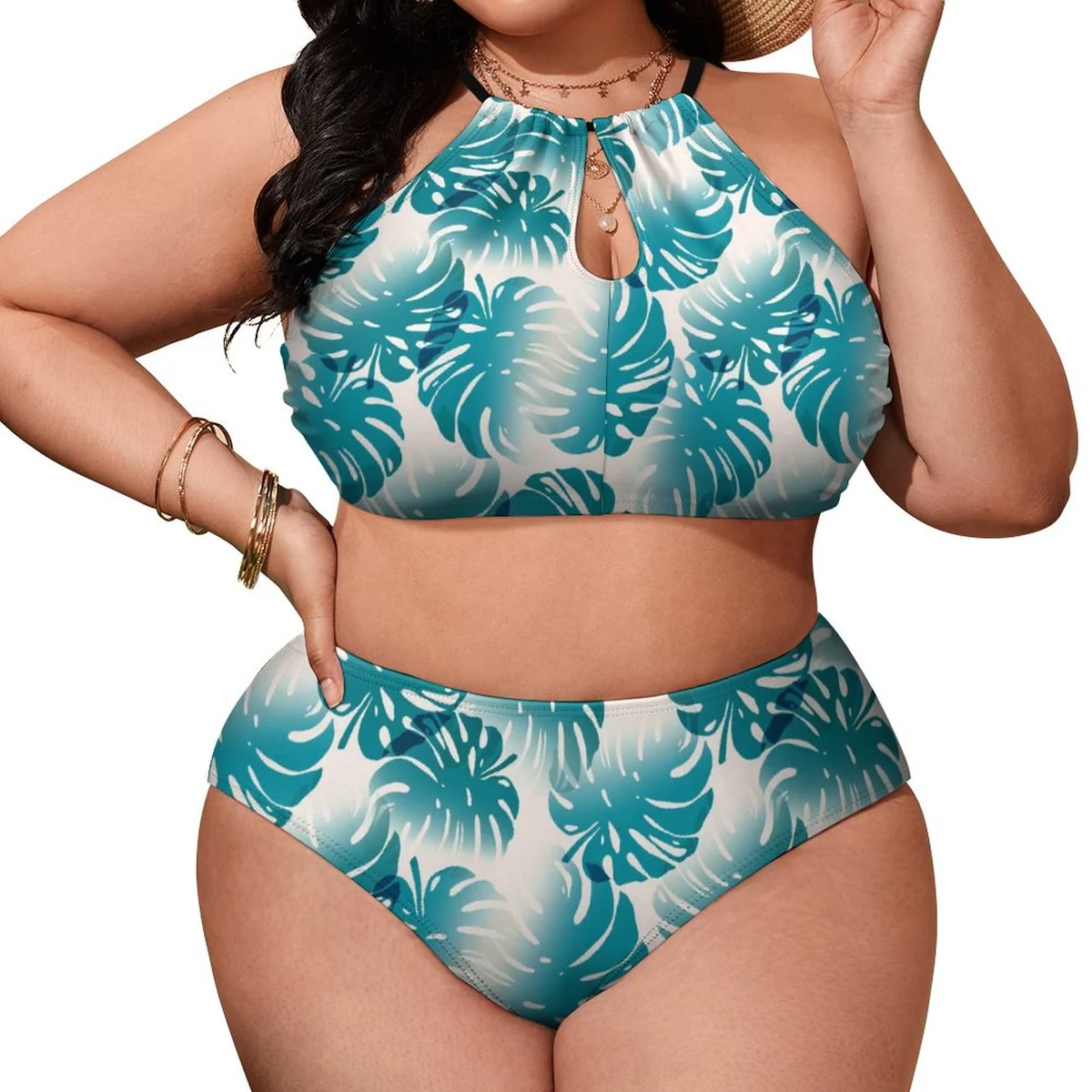 Women's Plus Size Keyhole High-Neck Bikini Set - Monstera Leaf Print