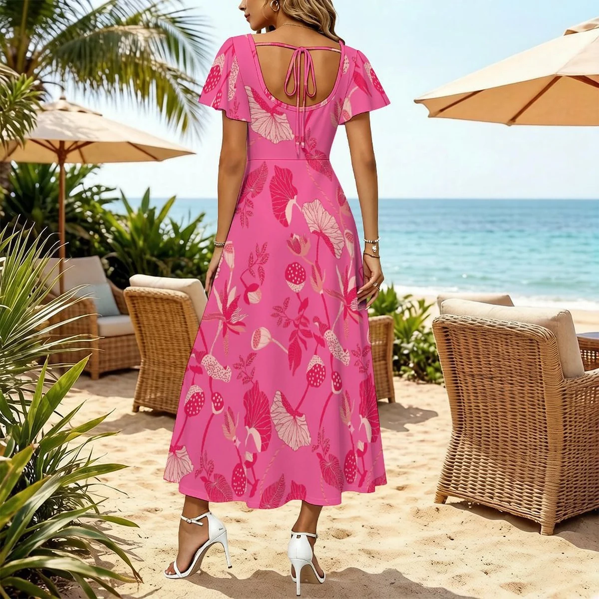 Women's Flutter Sleeve Tie-Back Slit Midi Dress - Tonal Fan Palm Print - view 4