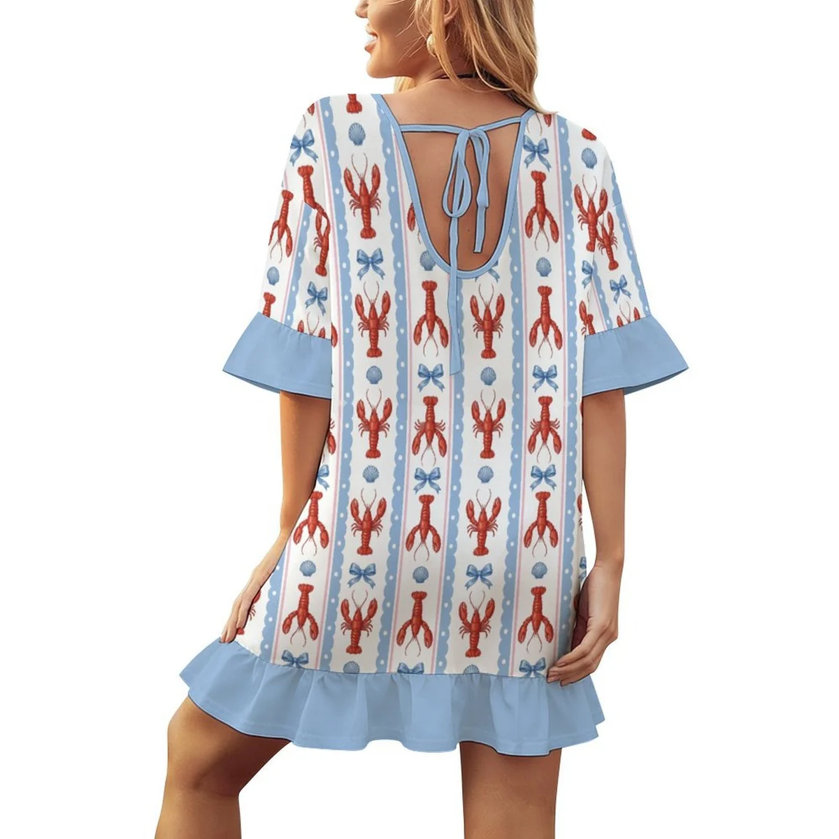 Women's Ruffle Sleeve Beach Cover-Up Dress - Lobster Stripe Print - view 3