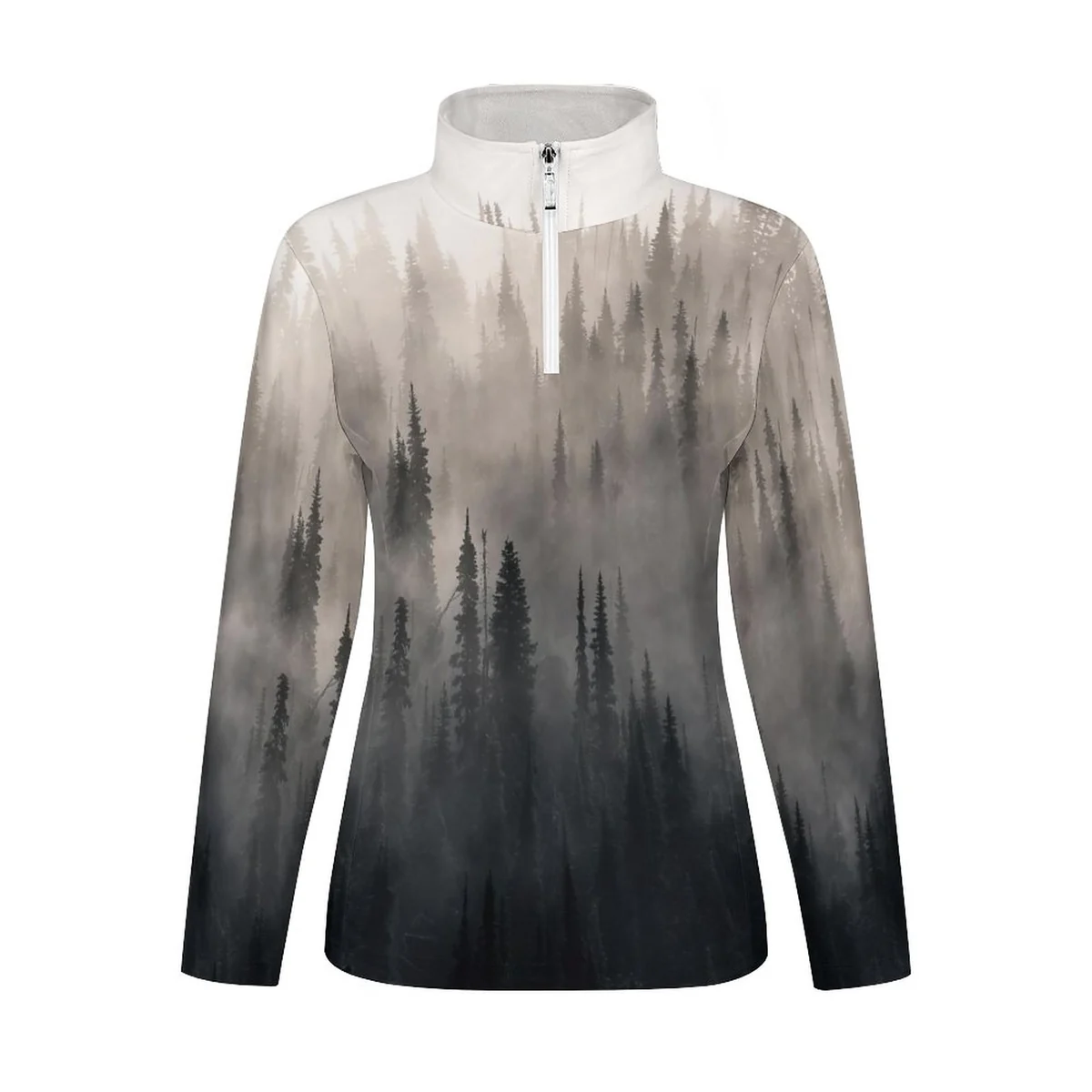 Women's Quarter Zip Long Sleeve Athletic Pullover - Misty Pine Forest Print - view 4