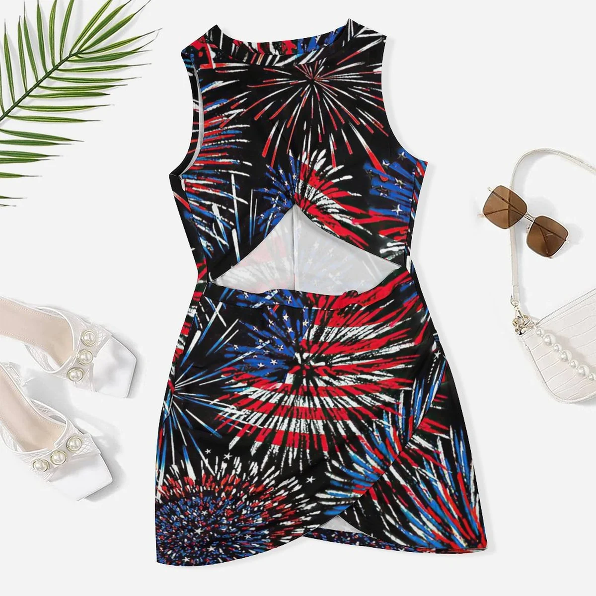 Women's Twist Front Cutout Bodycon Dress - Fireworks Burst Print - view 3