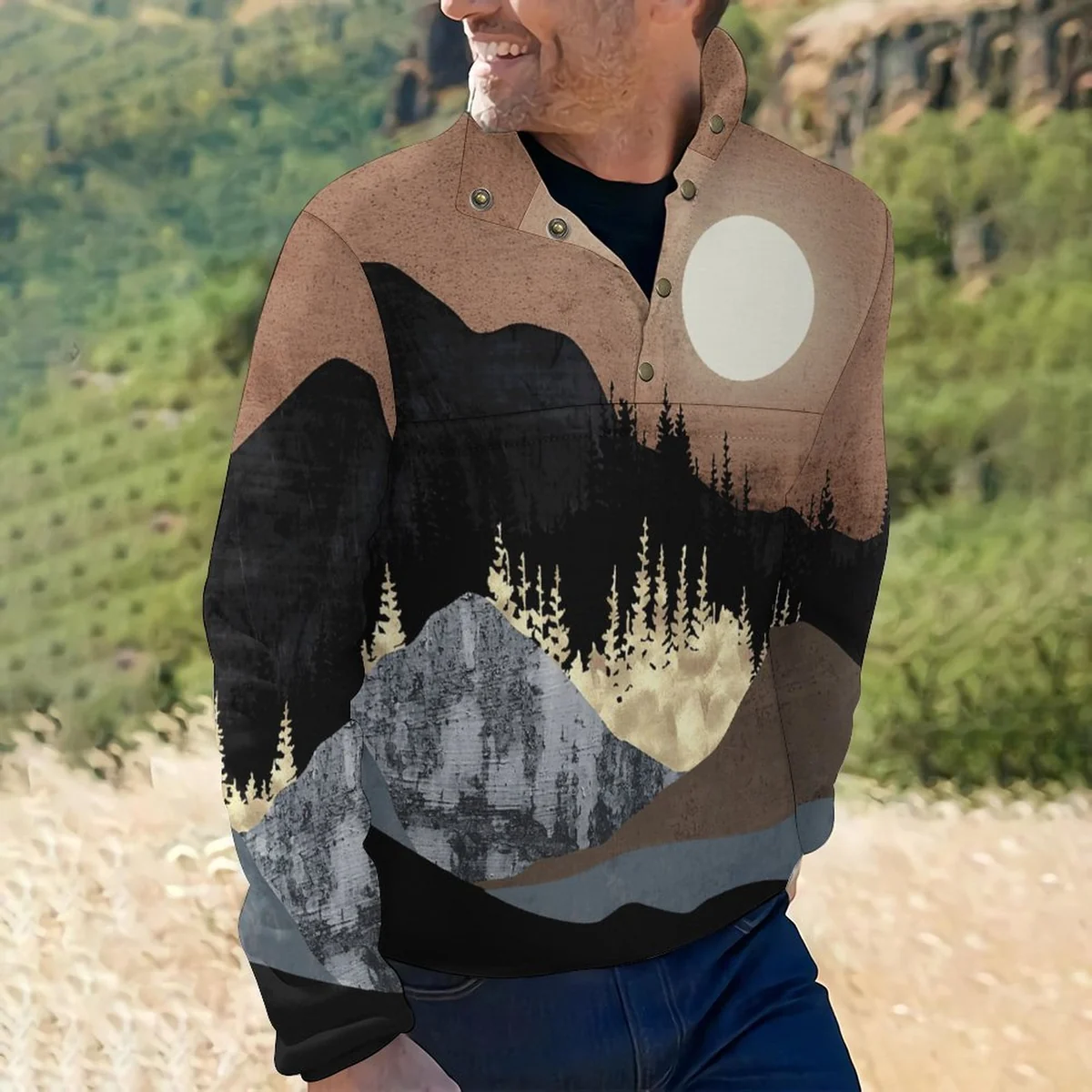 Unisex Henley Collar Sweatshirt - Moonlit Mountain Print - view 2