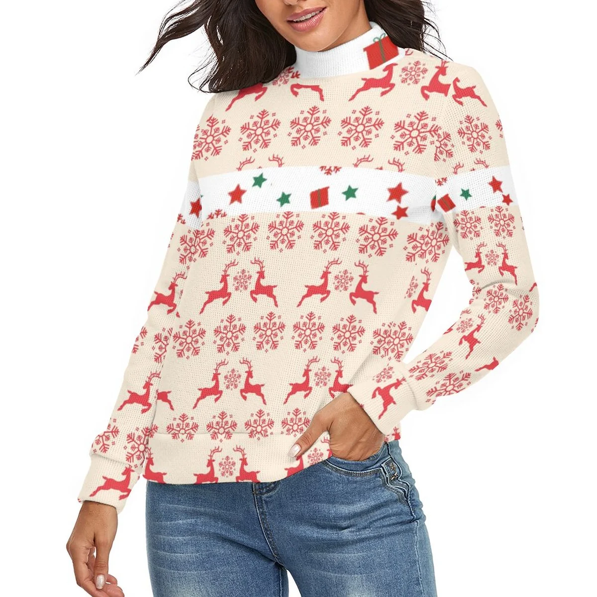Women's Turtleneck Pullover Sweater - Nordic Reindeer Snowflake Print - view 2