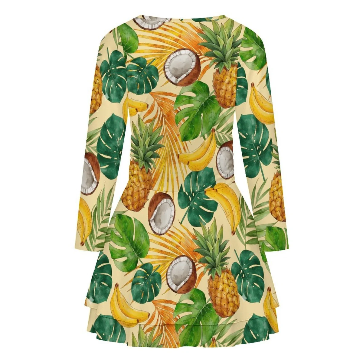 Women's Square-Neck Flare Long Sleeve Mini Dress - Tropical Fruit Leaf Print - view 5