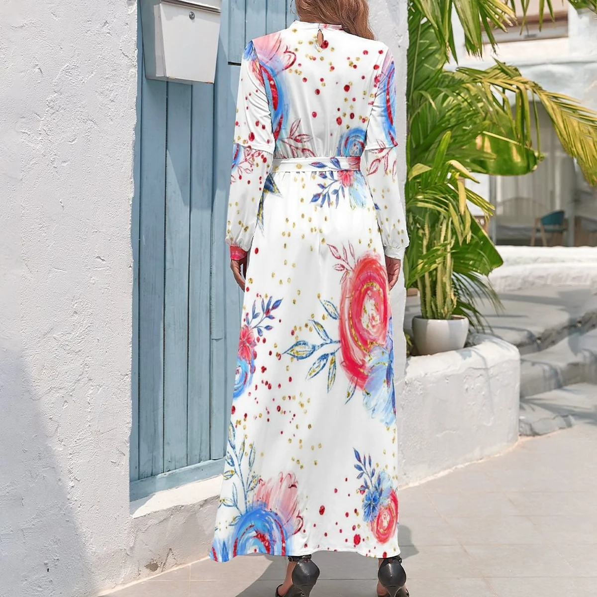 Women's Mock Neck Belted Long Sleeve Maxi Dress - Watercolor Peony Splash Print - view 2