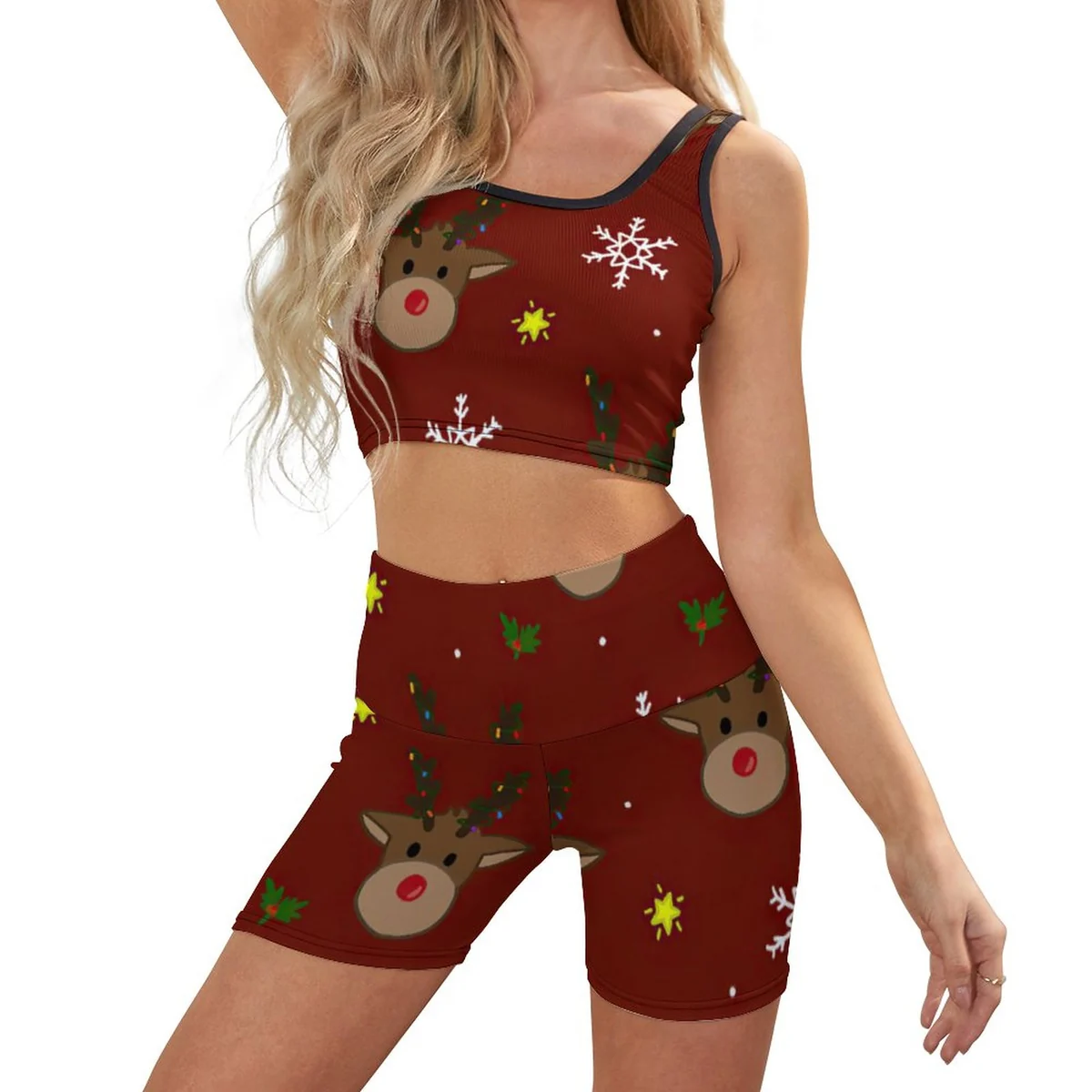 Women's Ribbed Tank and Bike Shorts Set - Reindeer and Snowflake Print