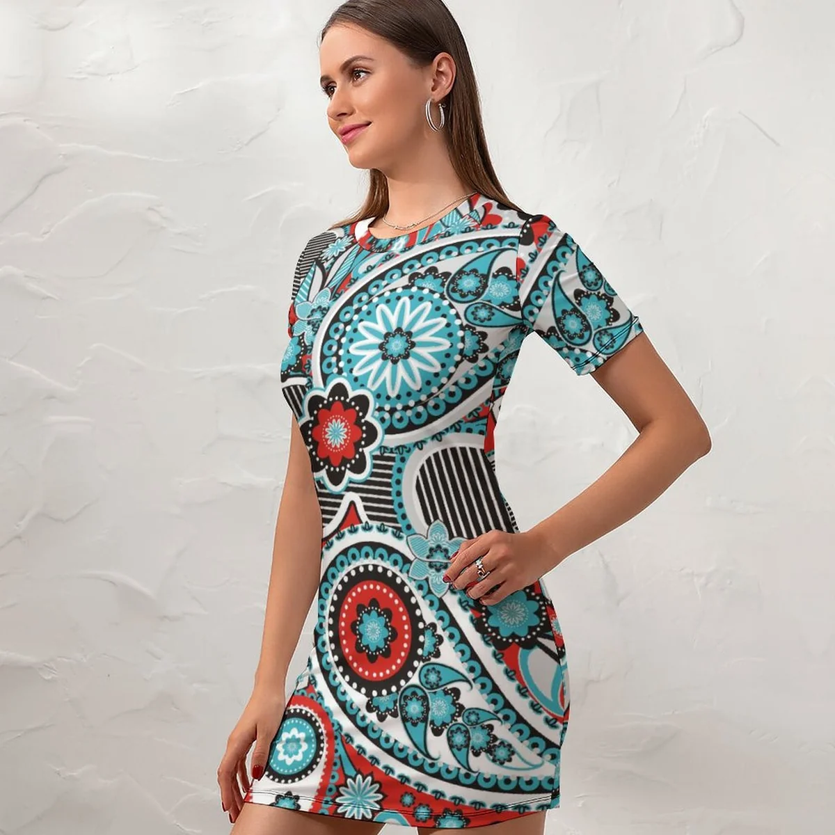 Women's Crew Neck Short Sleeve Bodycon T-Shirt Dress - Mandala Paisley Print - view 2