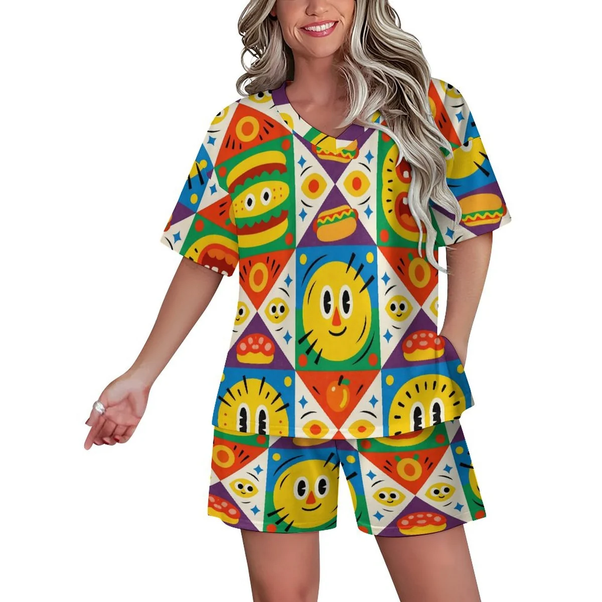 Women's Short Sleeve Pajama Shorts Set - Retro Smiley Mosaic Print